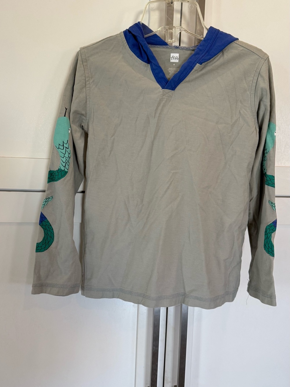 Tea Collection Gray Long-Sleeve Hooded Tee with Blue Trim and Green Sleeve Art